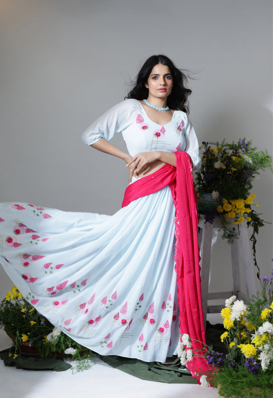 White Floral Fantasy Lehenga Choli Set with Dupatta