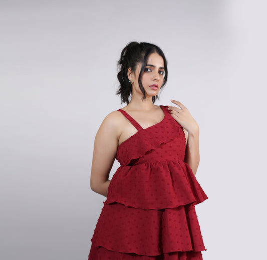 Crimson Cascade Tiered Dress