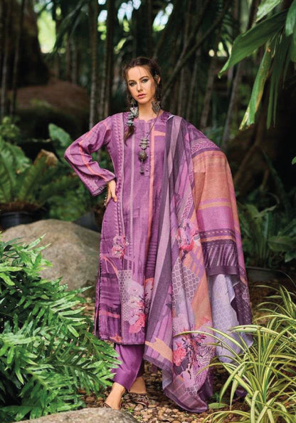 Women's Pashmina Unstitched Velvet Violet Floral Print Dress Material