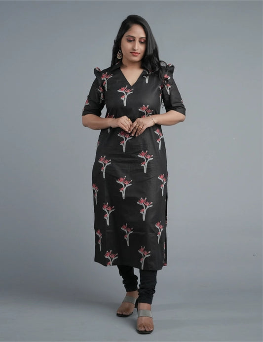 Black Cotton Botanical Printed Straight Cut Kurta