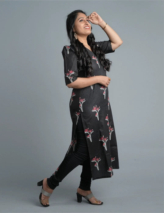 Black Cotton Botanical Printed Straight Cut Kurta