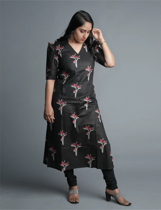 Black Cotton Botanical Printed Straight Cut Kurta