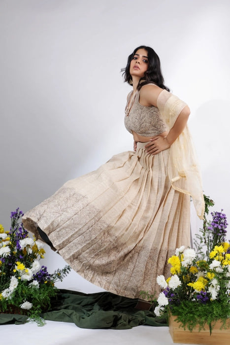 Chic Embroidered Draped Lehenga with Sleeveless Blouse