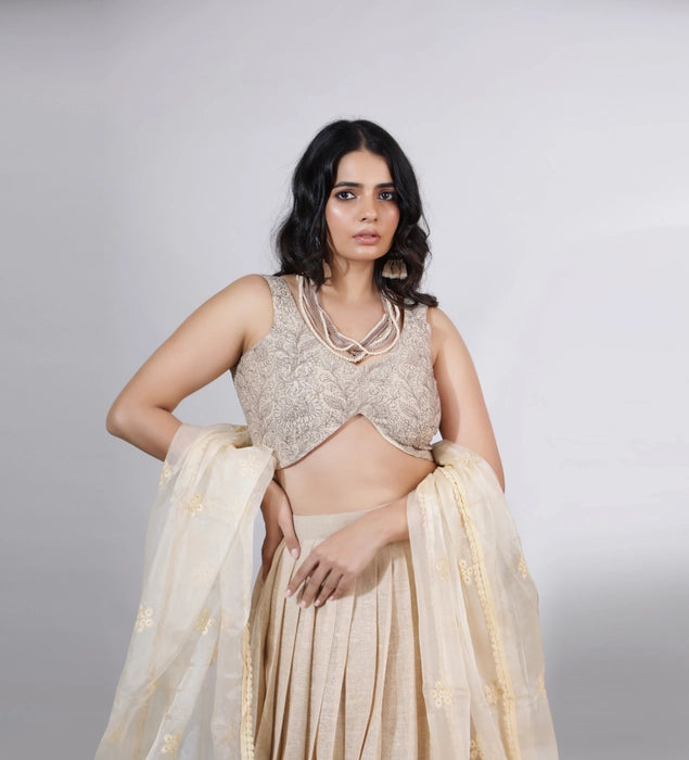 Chic Embroidered Draped Lehenga with Sleeveless Blouse