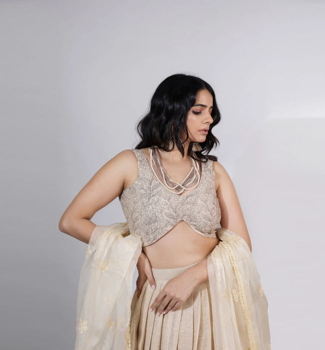 Chic Embroidered Draped Lehenga with Sleeveless Blouse