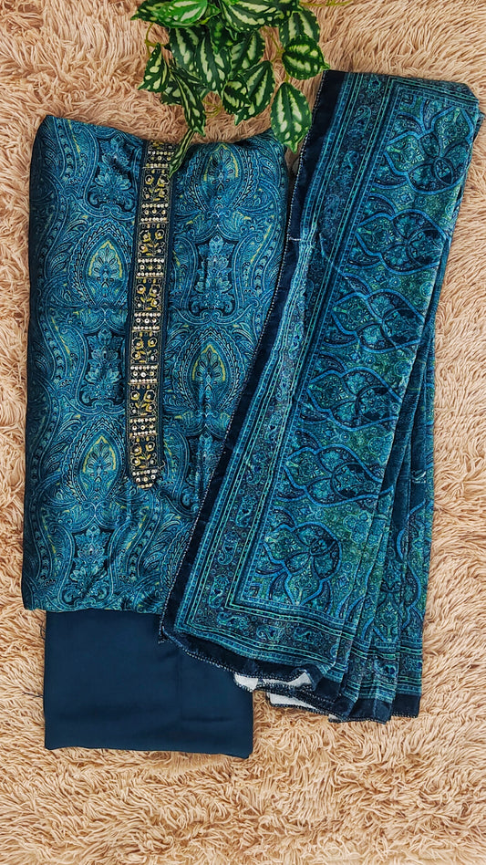 Pashmina Pure Velvet Digital Print Unstitched Dress Material in Blue