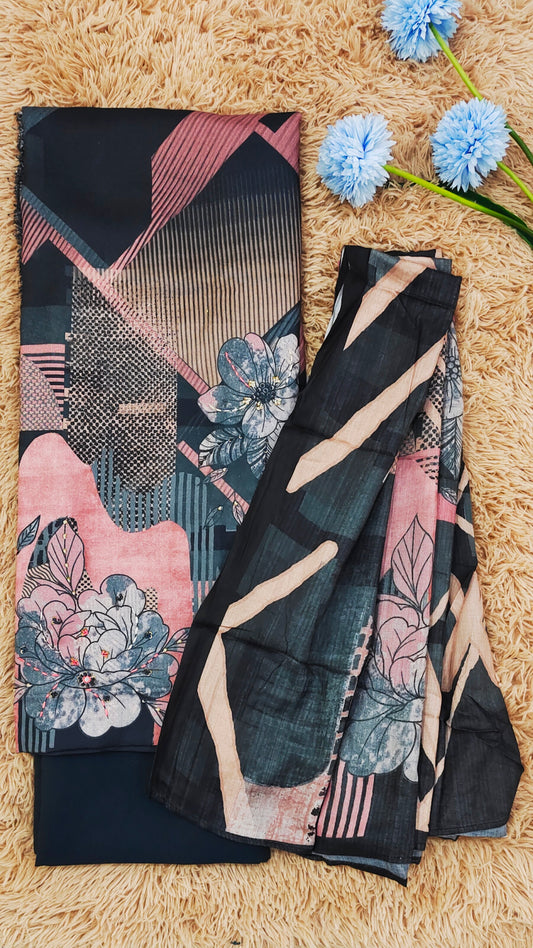 Pashmina Unstitched Dress Material - Black and Pink Floral Print