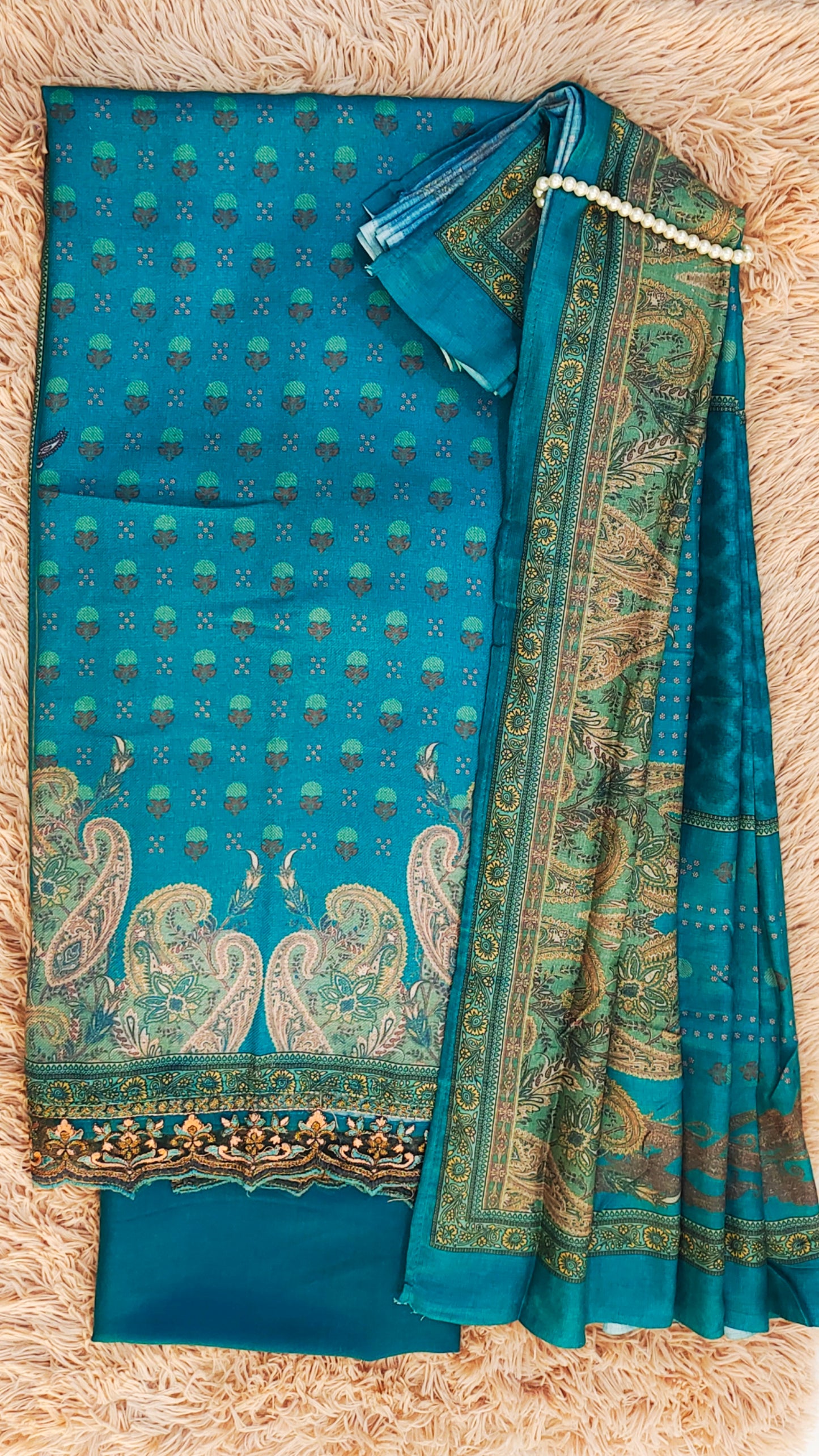 Pashmina Pure Velvet Digital Print Unstitched Dress Material in Sky Blue