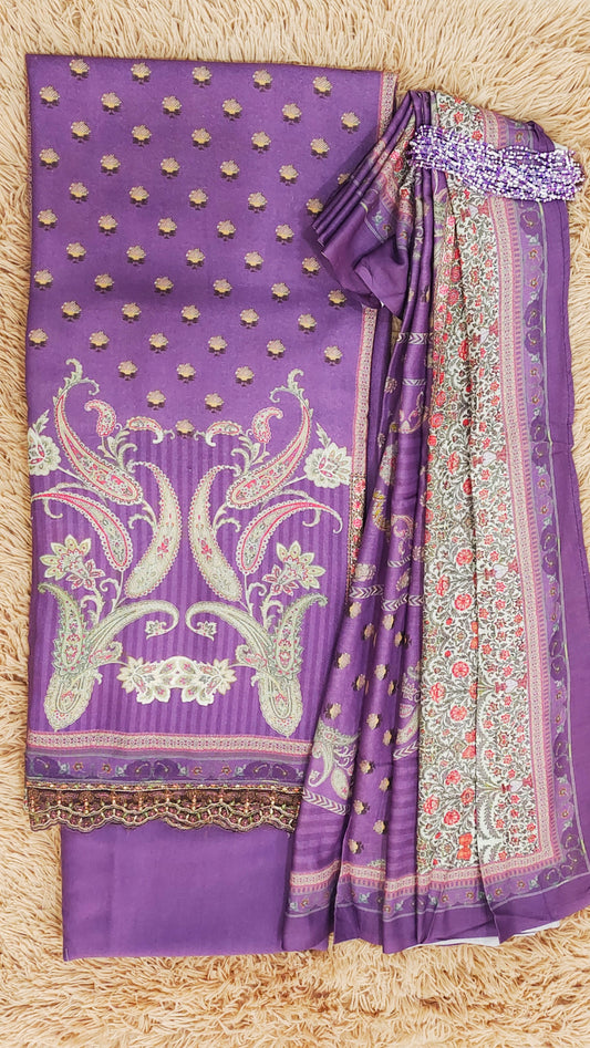 Pashmina Pure Velvet Digital Print Unstitched Purple Dress Material