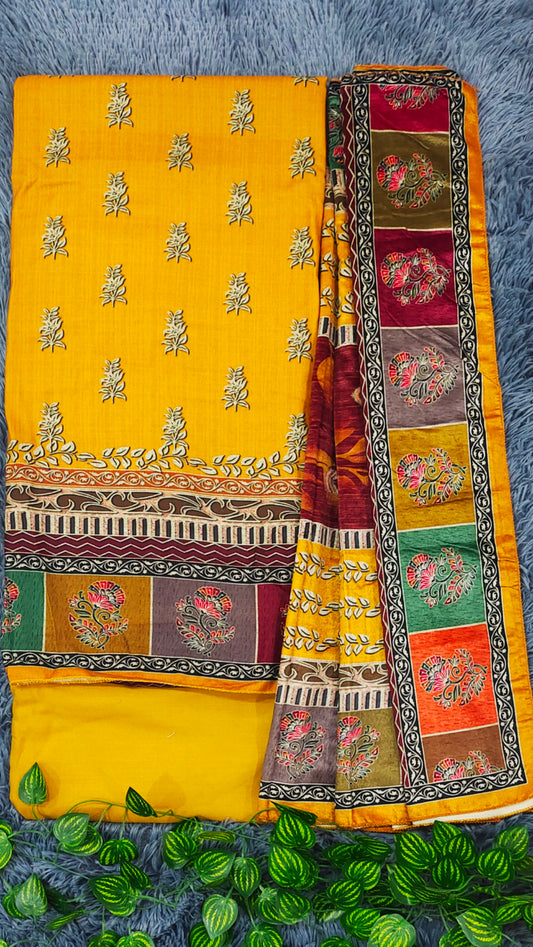 Pashmina Unstitched Yellow Dress Material with Floral Print