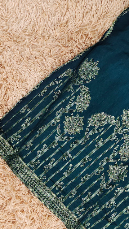 Pashmina Silk Unstitched Dress Material with Patch Work in Blue