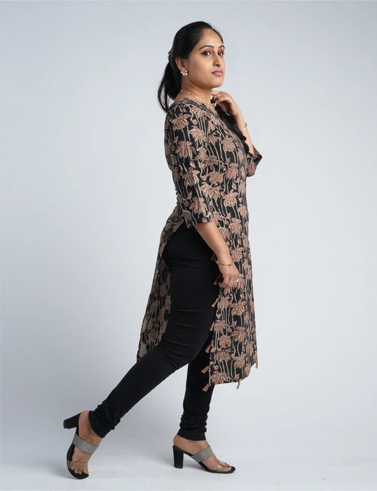 Midnight Blossom Cotton Floral Print Straight Kurta