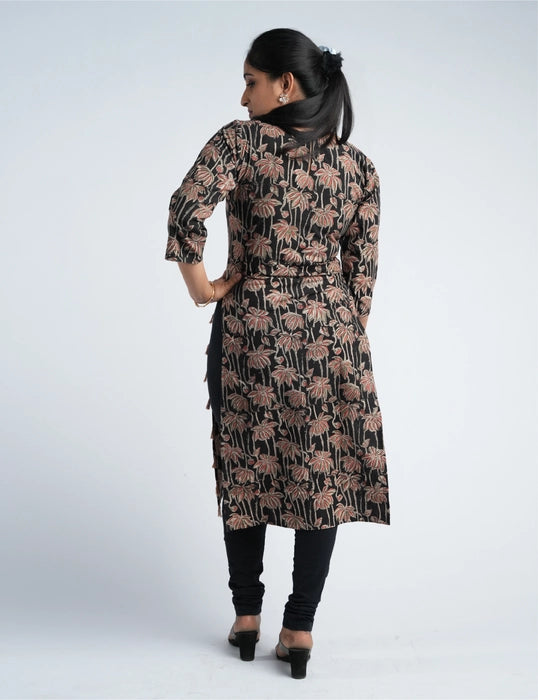 Midnight Blossom Cotton Floral Print Straight Kurta