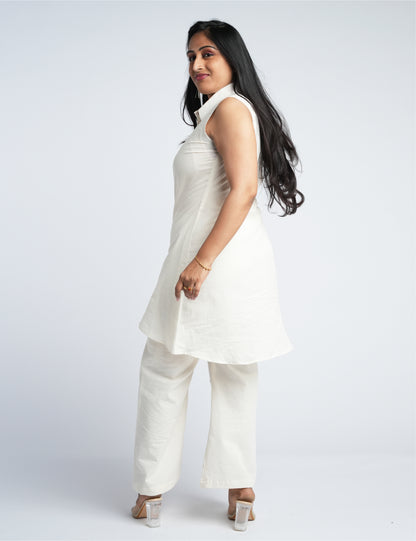 Women Ivory Co-Ord Set: Long Button-Front Top & High-Rise Wide-Leg Pants