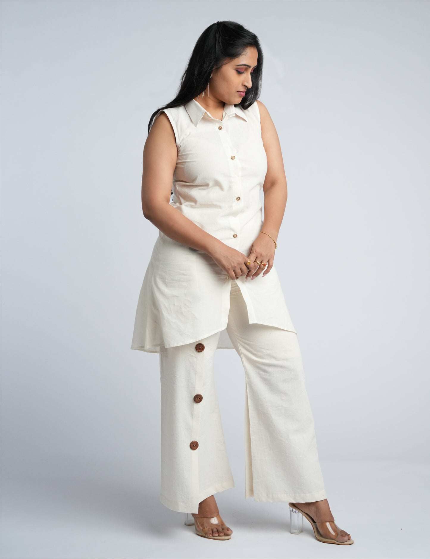 Women Ivory Co-Ord Set: Long Button-Front Top & High-Rise Wide-Leg Pants