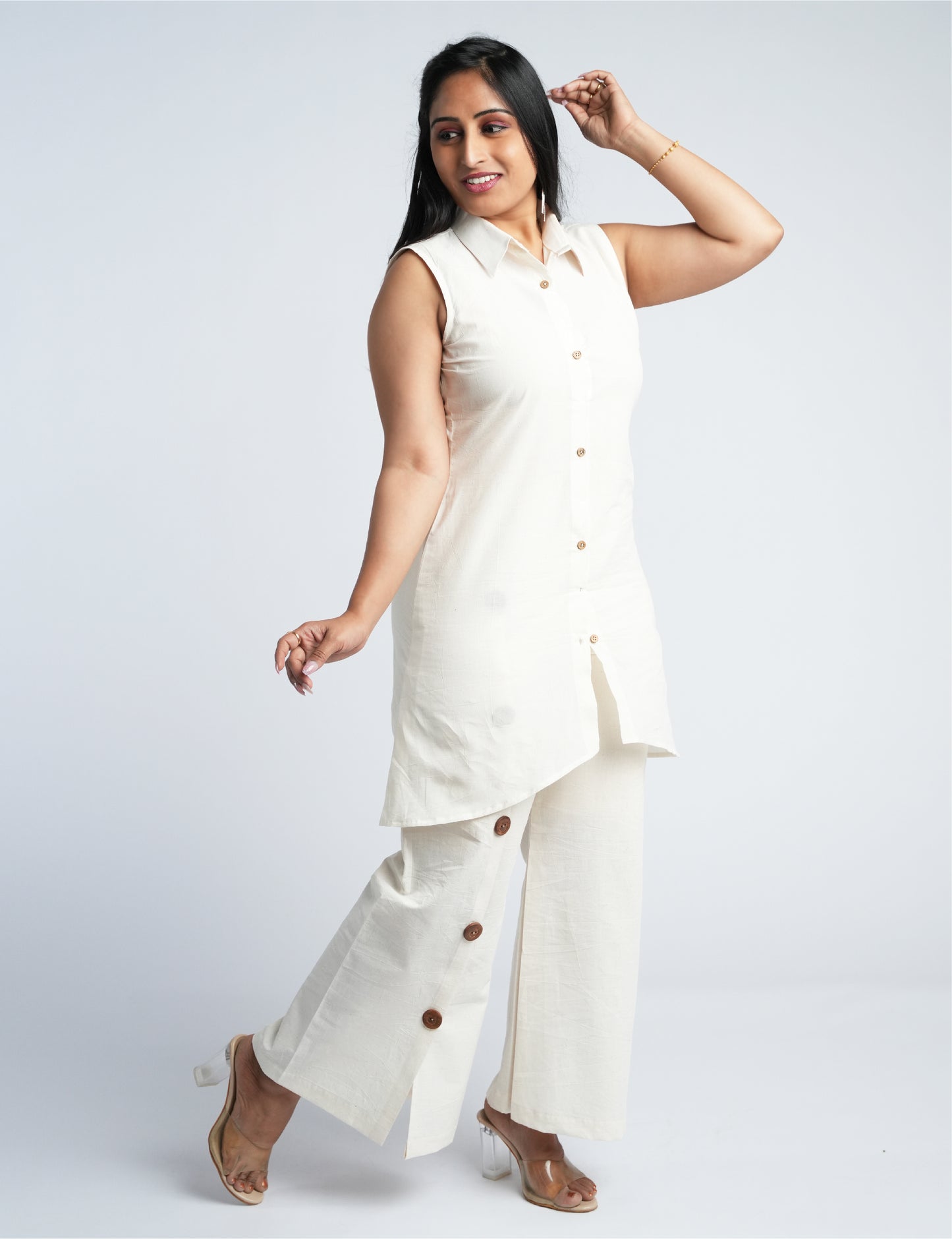 Women Ivory Co-Ord Set: Long Button-Front Top & High-Rise Wide-Leg Pants