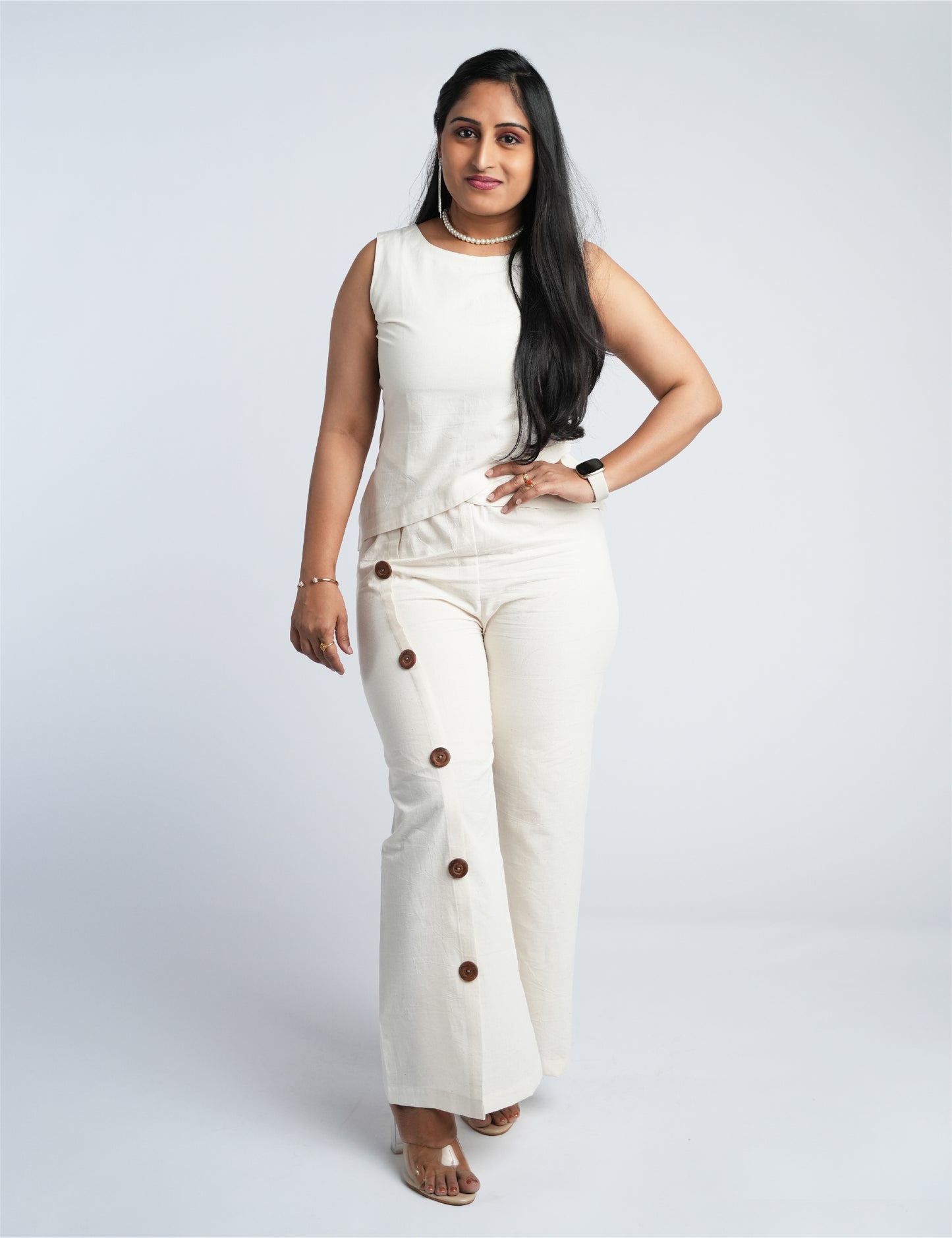 women Ivory Wide-Leg Pants & Button-Detail Sleeveless Top Set