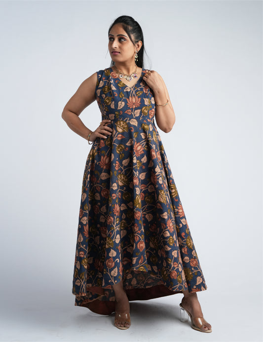 Women Cotton Sleeveless Dress in Slate Blue Print