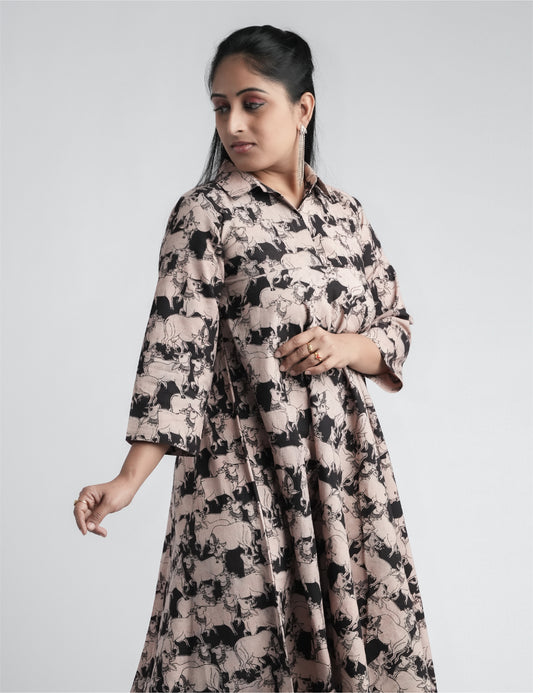 Womens Long Sleeve Midi Dress With  Midnight Bovine Print