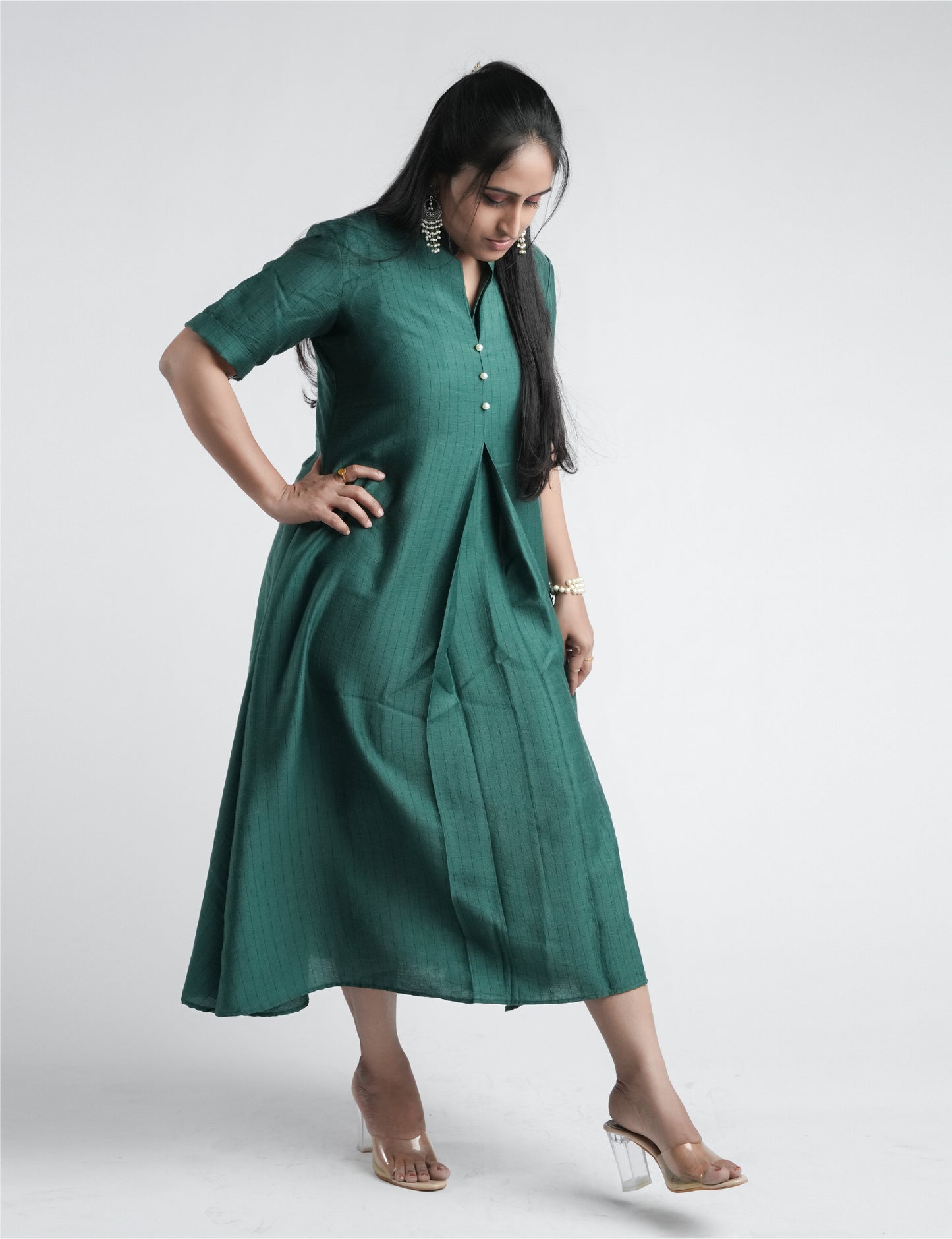 Women A-Line Dress- Green Solid