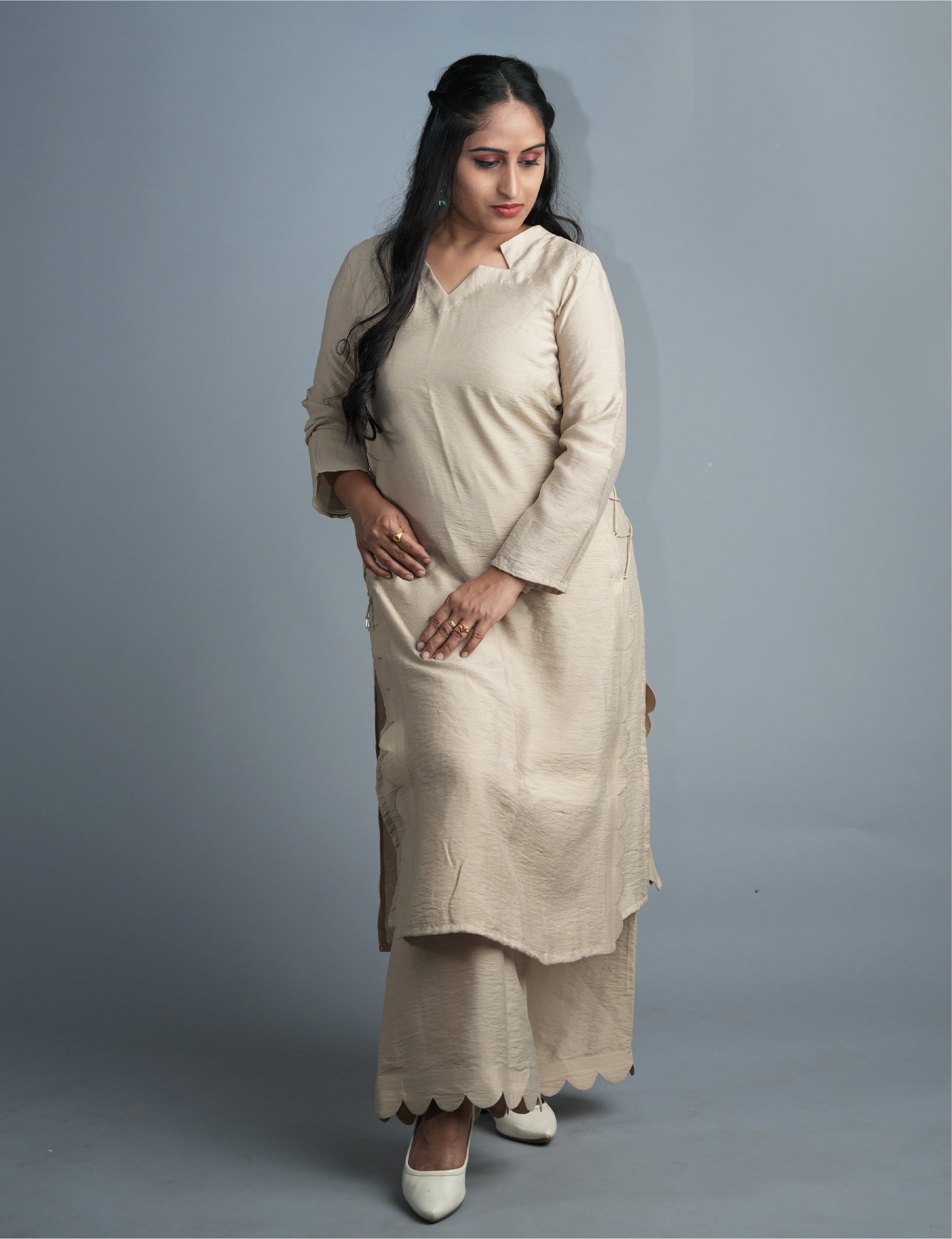 Women Beige Kurta with Palazzo Pants – Stylish Drawstring Design