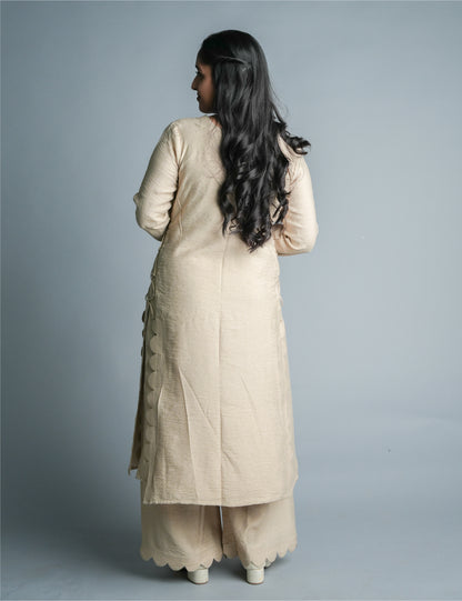 Women Beige Kurta with Palazzo Pants – Stylish Drawstring Design