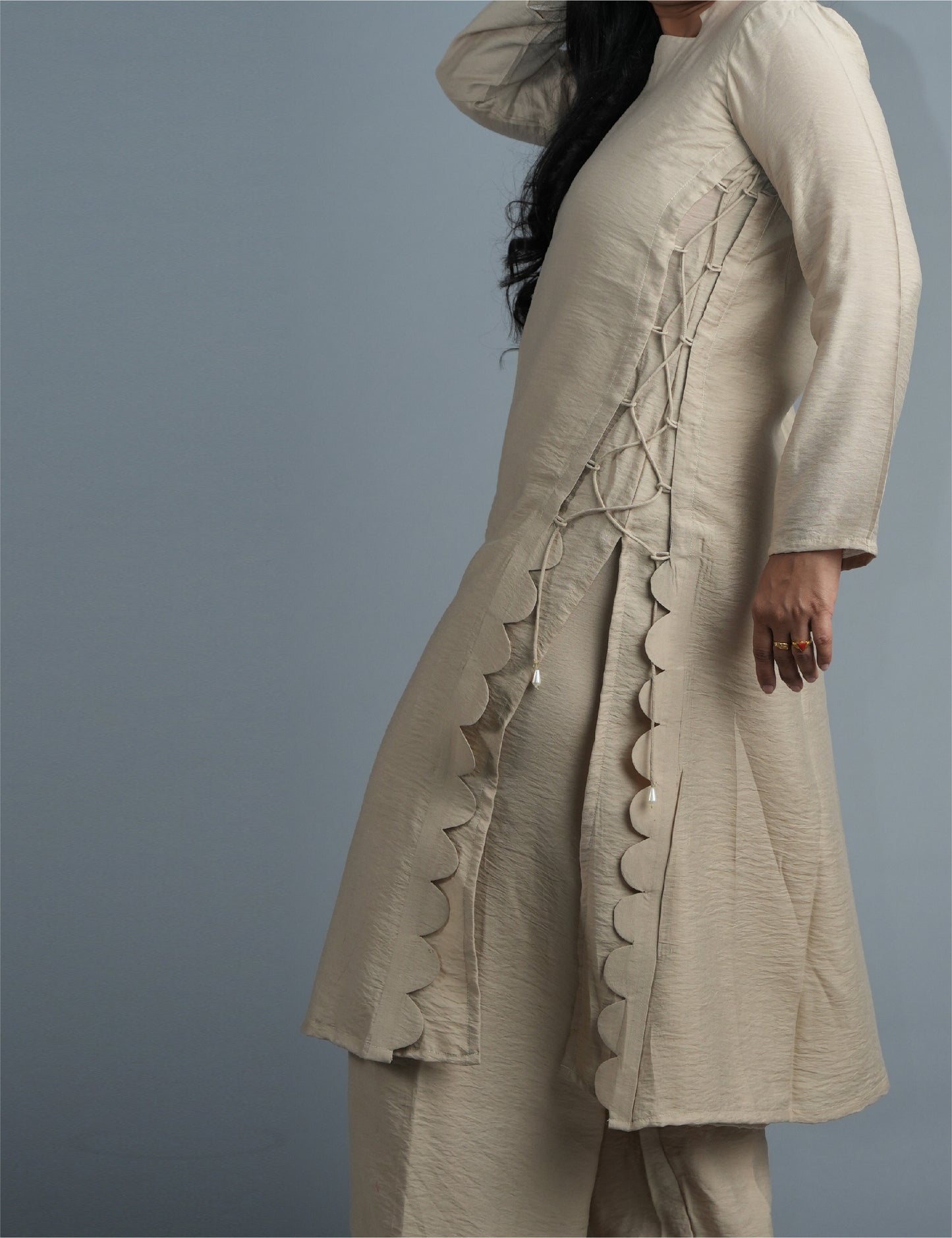 Women Beige Kurta with Palazzo Pants – Stylish Drawstring Design