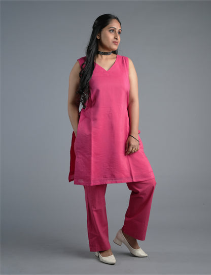 Women Pink V-Neck Kurta and Palazzo Set