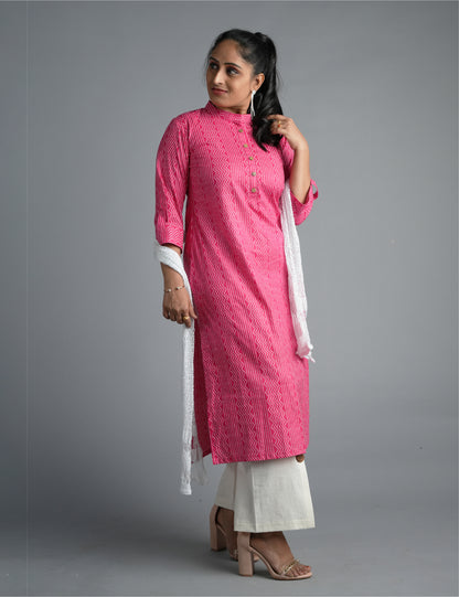 Women Printed Pink Kurta with Ivory Wide-Leg Pants Set