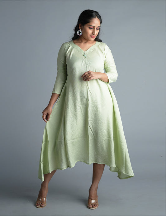 women Fashionable Green Tea Flared Dress with V-Neckline