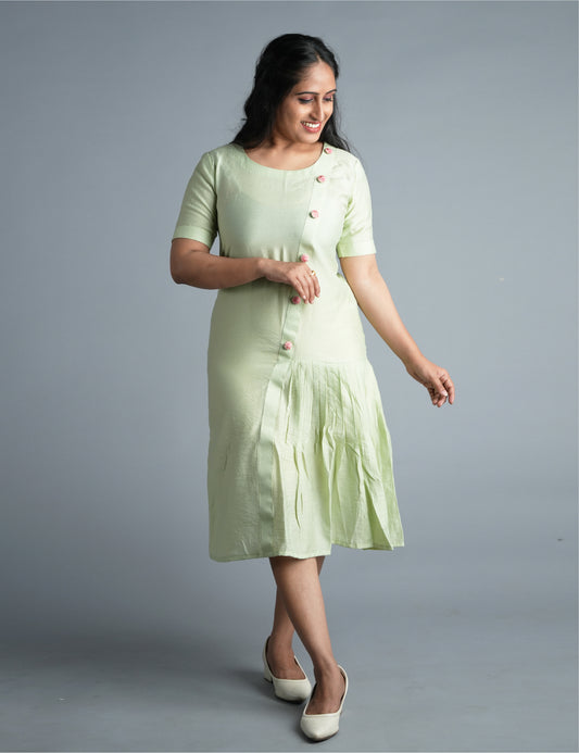 Women Tea Green Dress with Eye-Catching Asymmetrical Button Detailing