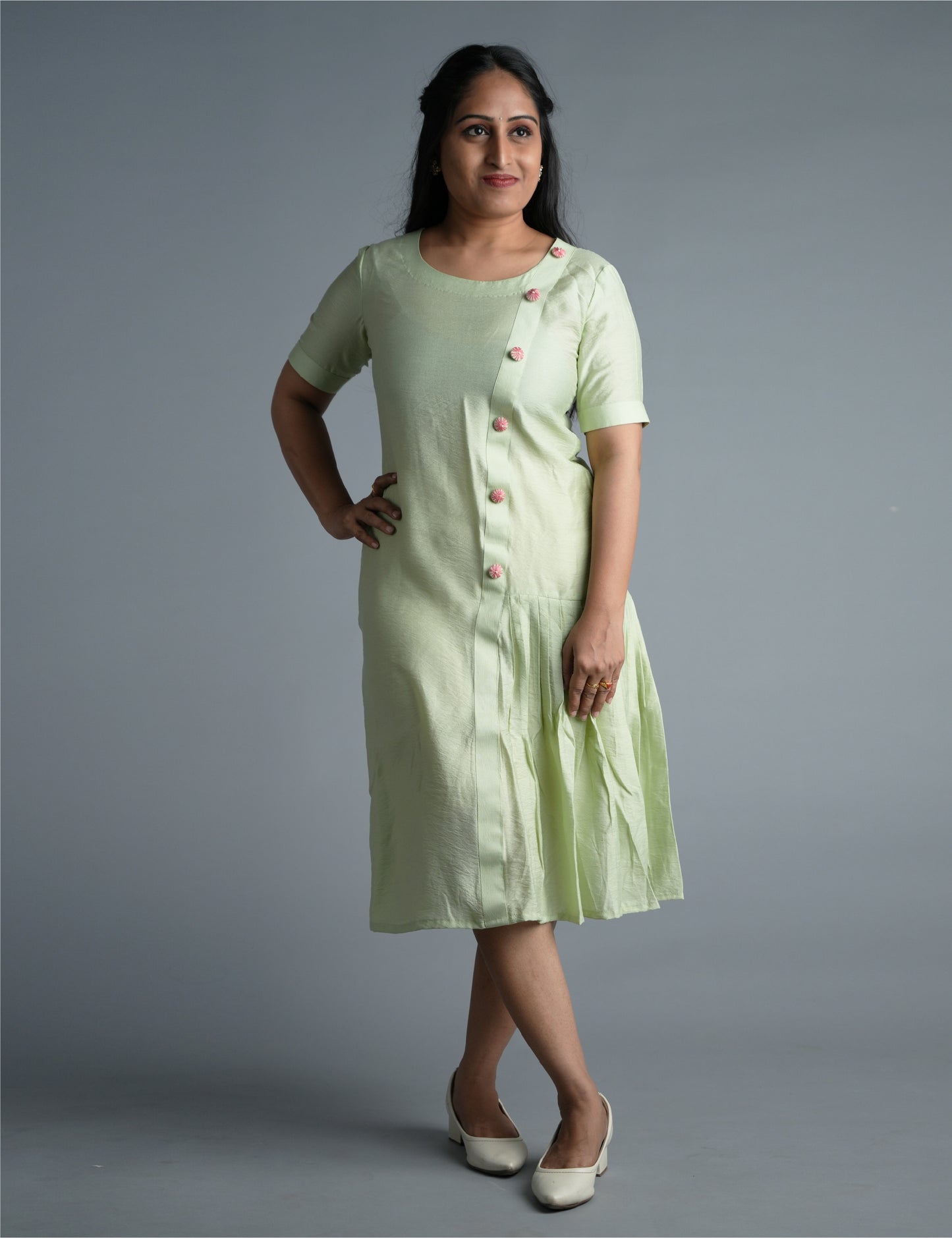 Women Tea Green Dress with Eye-Catching Asymmetrical Button Detailing