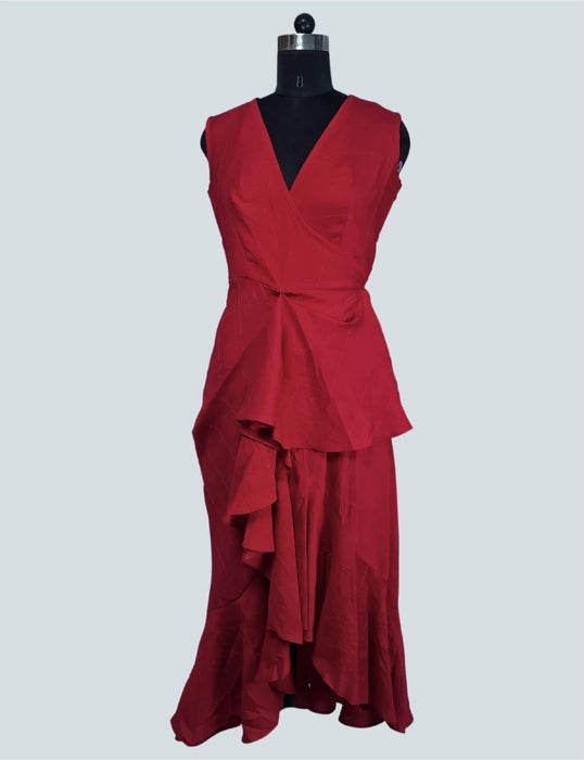 Red V-Neck Asymmetrical Tiered Dress